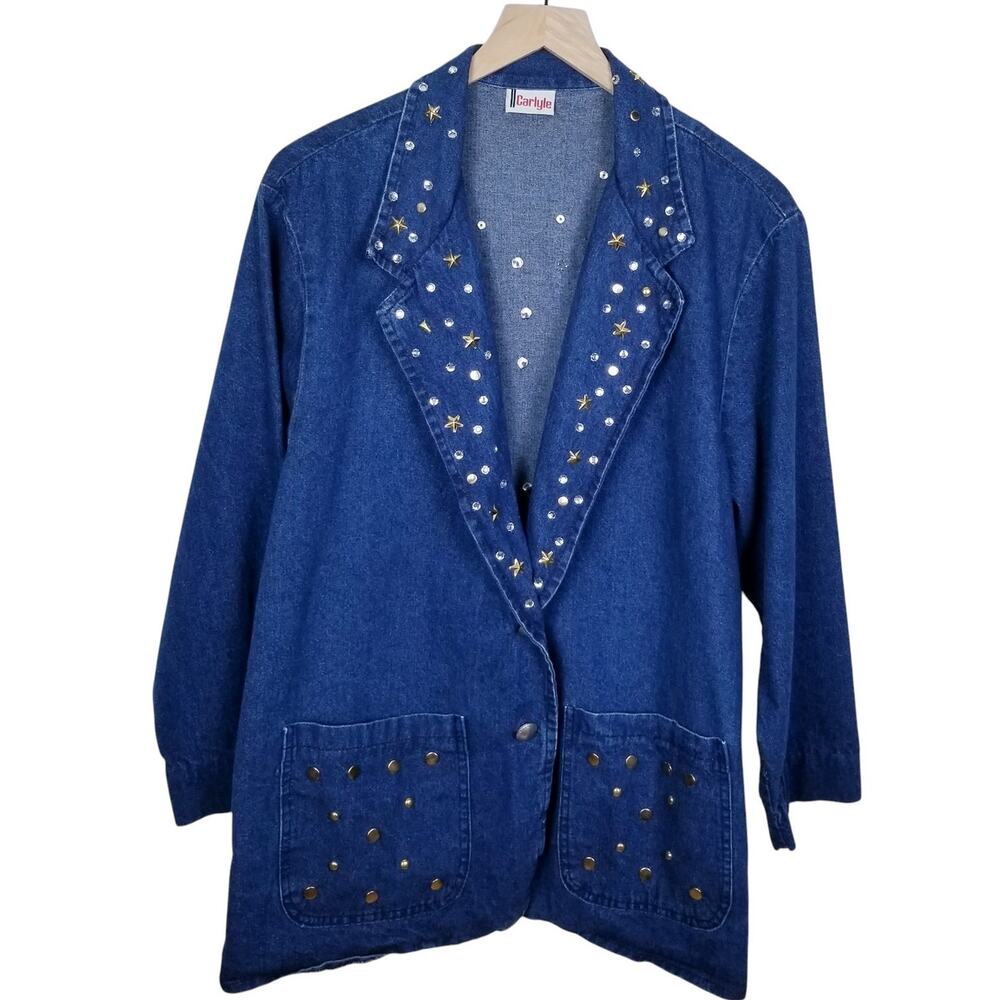 *Vintage* CARLYLE Two Button Bejeweled Denim Blazer Stars & Gems - XL